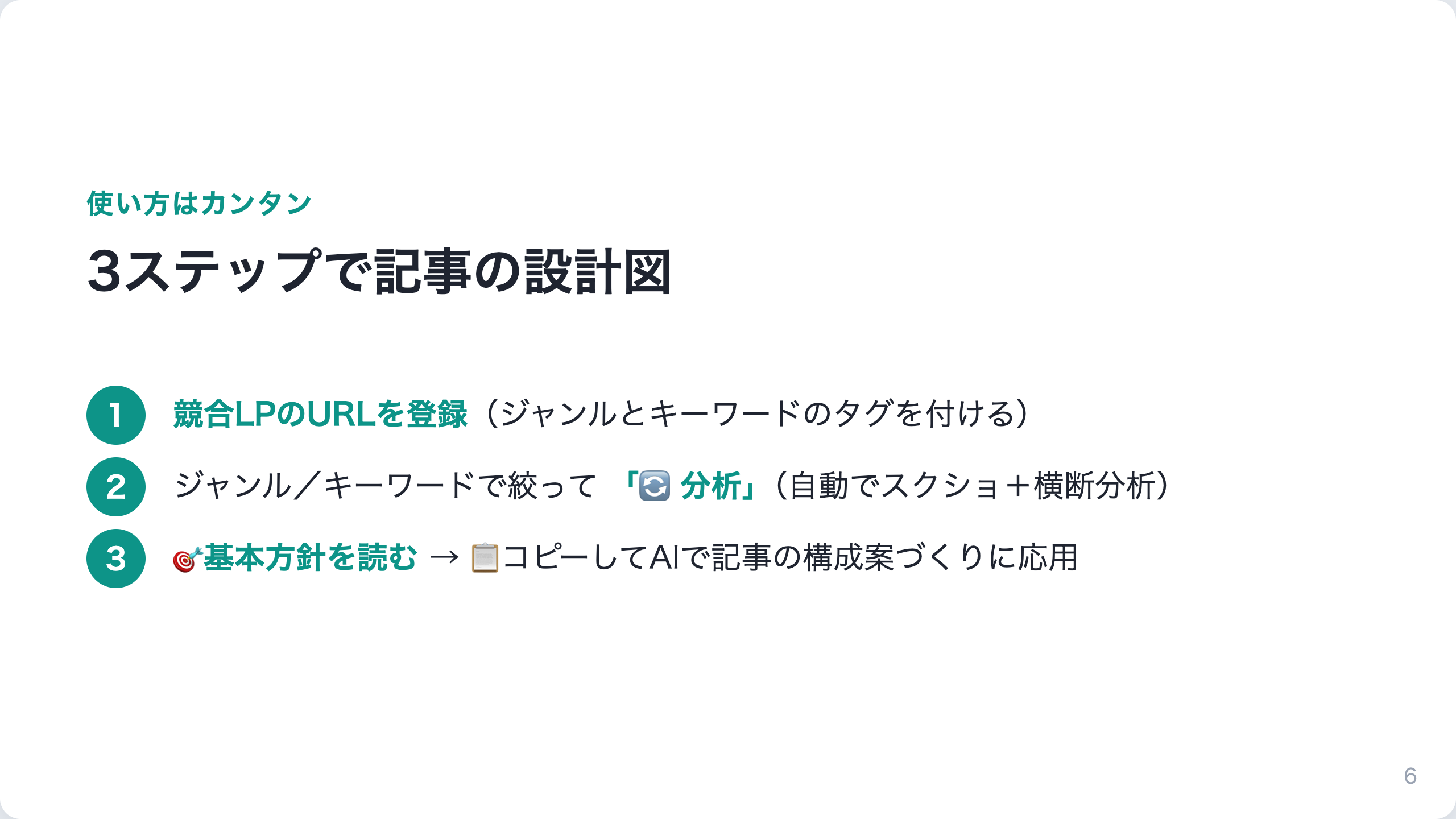 記事横断分析くん｜競合LP横断アナライザ（ブラウザ拡張） 紹介スライド 6