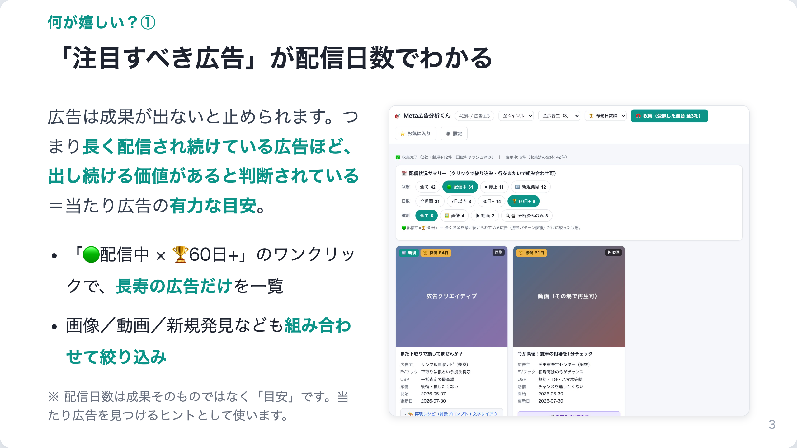 Meta広告分析くん｜Meta広告の競合分析（ブラウザ拡張） 紹介スライド 3